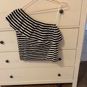 J. Crew Navy and White One-Shoulder Ruffle Stripe Top